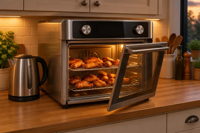 Stainless-steel oven-style air fryer with a glass door and two wire racks on a kitchen worktop under wall cupboards