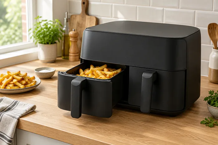 Matte-black dual-drawer air fryer on a light oak kitchen worktop