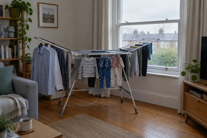 Winged heated clothes airer with shirts and children's clothes drying in a small uk flat living room