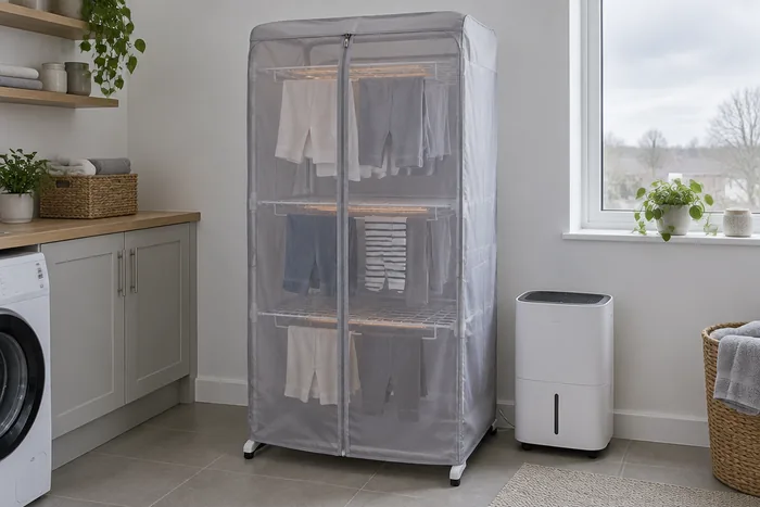 Three-tier heated clothes airer inside a translucent grey zip-up cover