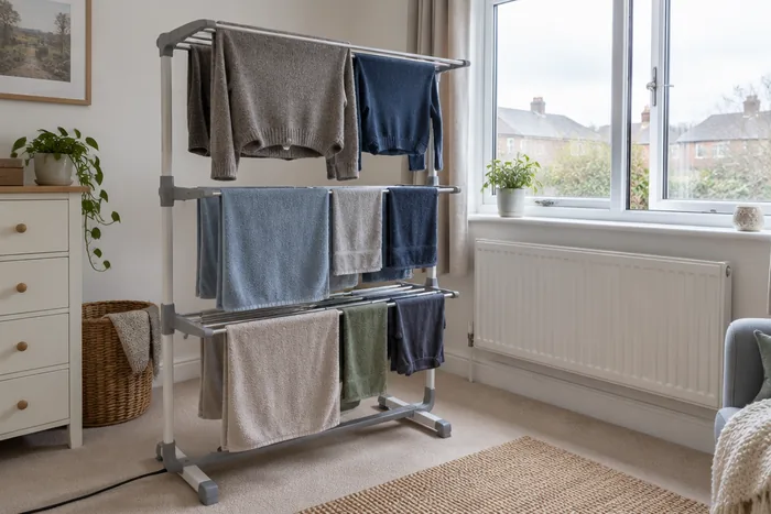 Three-tier heated clothes airer with towels and jumpers drying in a bright uk spare room