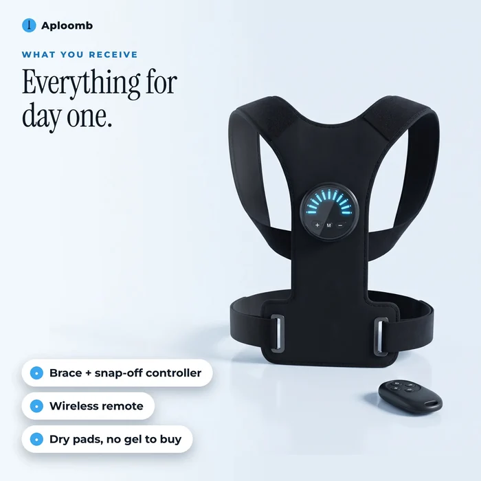 The PostureFit brace with snap-off controller and the wireless remote