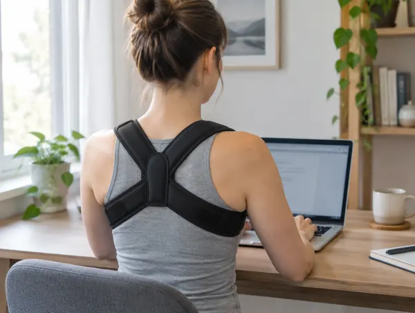 Back view of a woman in a plain grey vest wearing a padded