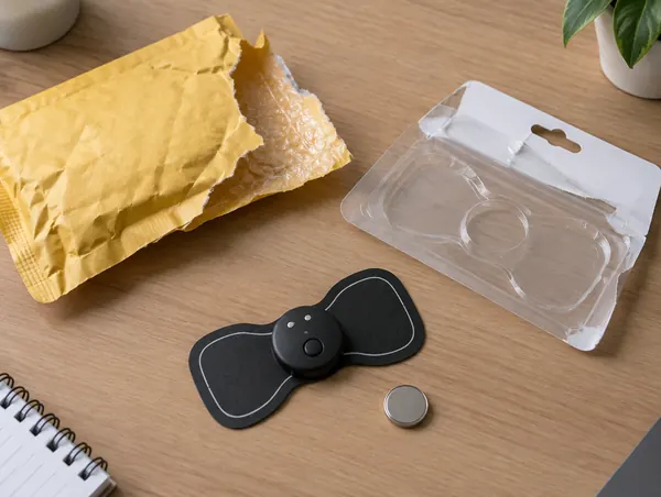Small plastic EMS pad gadget with a coin-cell battery next to a torn padded envelope and flimsy blister packaging on a d