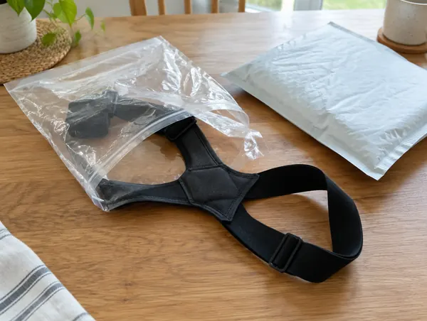 Thin unbranded elastic figure-of-eight posture strap half out of a plastic bag