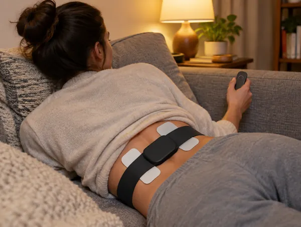 Unbranded EMS belt with white gel pads around the lower back of a person lying on a sofa