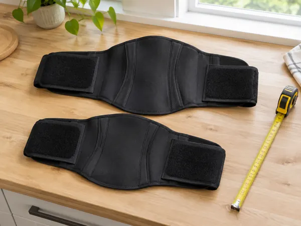 Two unbranded black neoprene back braces with velcro side panels laid flat on a light wooden counter