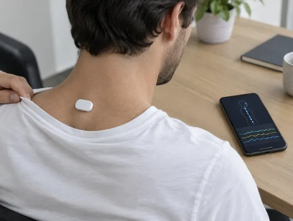 Close-up of a small plain white sensor stuck to the upper back of a man in a T-shirt pulled down at the collar