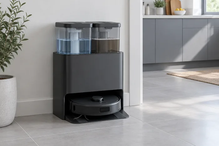 All-in-one robot vacuum docking station against a wall by a kitchen doorway