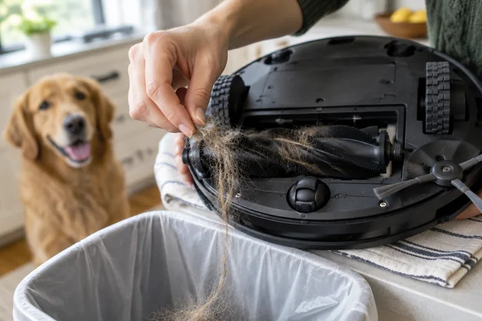 Close-up of a hand pulling pet hair off an unbranded robot vacuum's rubber roller brush over a kitchen bin