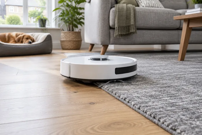 Round white robot vacuum crossing from a light oak floor onto a grey rug in a bright uk living room